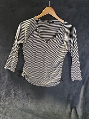 Chaps Navy Blue  & White Striped V-Neck Long Sleeve Top
